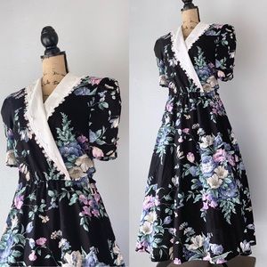 Vintage Midnight Floral 80s Dress